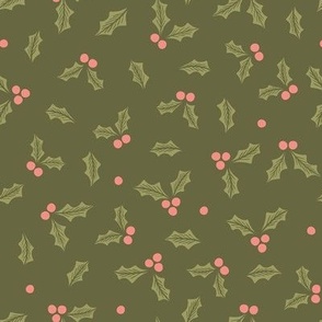 Christmas Holiday Holly Berries-pink on green