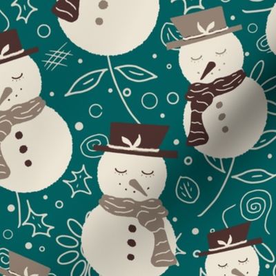 Mellow Snowmen -  brown on teal - M medium scale - east fork morel molasses night swim green cream Christmas smiling merry funny holly cute floral