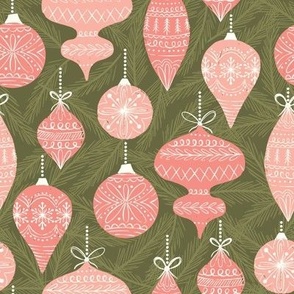 Holiday Christmas Ornaments-pink on green