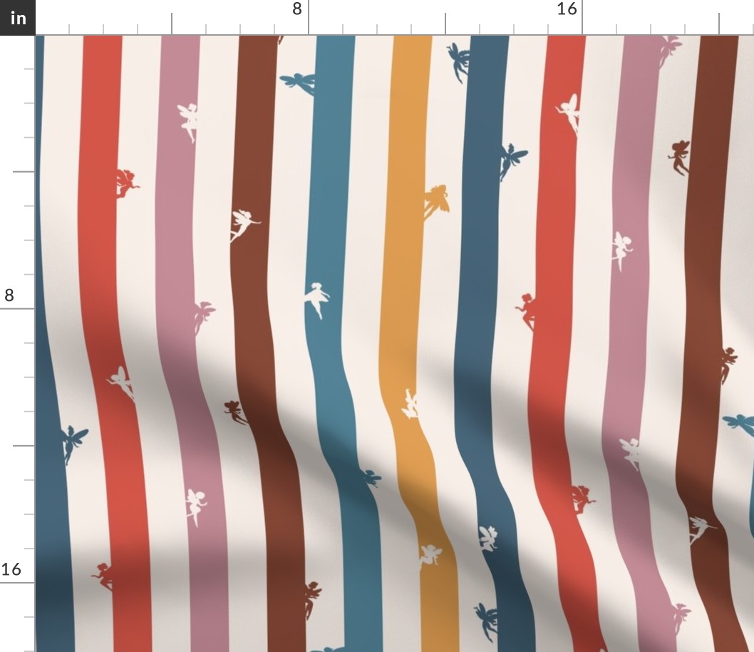 Hidden fairies neutral colors stripes wallpaper and fabric