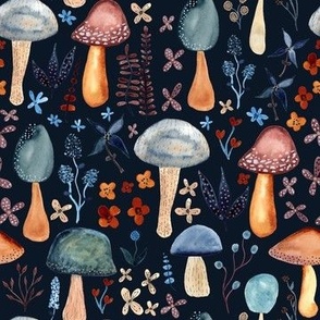 Watercolor dark blue mushrooms
