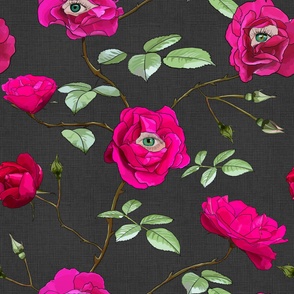 Hot pink and black eyes and roses surrealism floral