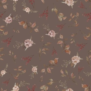 French Country Autumn Chocolate Brown and Peach falling Flowers and Leaves 