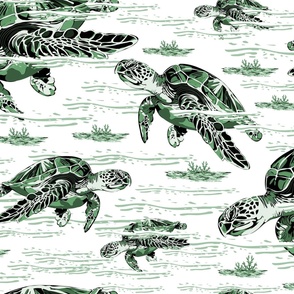 Sea Turtles Swimming Under the Sea, Modern Ocean Green Seaweed amid the Waves (Large Scale)