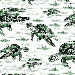 Ocean Sea Turtles Swimming Under the Sea Toile, Dark Green Seaweed amid the Waves (Small Scale)