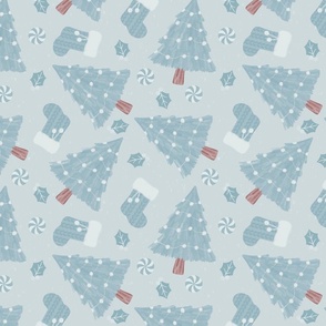 Christmas Trees Fabric with Stockings, Holly, and Peppermints – Dusty Blue, Blue Christmas,  Boho Christmas, Christmas Tree Fabric