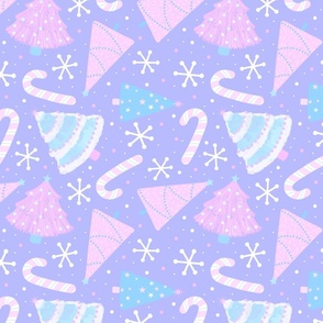 Pastel Christmas Trees Fabric  with Snowflakes and Candy Canes– Pastel Purple, Blue, and Pink, Snowflakes, Candy Canes, Colorful Christmas, Christmas Trees