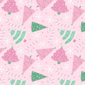 Pastel Christmas Trees Fabric with Snowflakes and Candy Canes  – Pastel Pink and Mint Green, Snowflakes, Candy Canes, Tree Fabric