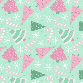 Pastel Christmas Trees Fabric with Snowflakes and Candy Canes – Mint Green/Glacial Green and Pink, Snowflakes, Candy Canes, Christmas Trees Fabric