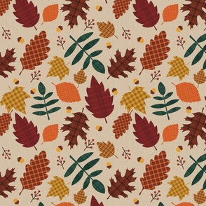 Fall Plaid Leaves and Acorns Linen Texture on Neutral Beige