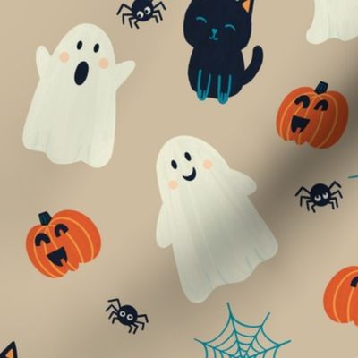 Cute Ghosts and Black Cat with Spiders, Spider Webs, and Jack-o-Lanterns – Sand