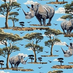Endangered Species Rhinoceros Print, Rhino on African Safari, Animals in the Wild. Green Acacia Trees (Medium Scale)