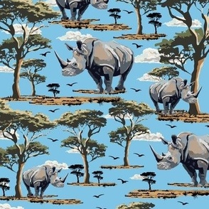 Rhino on Safari Rhinoceros Pattern, Wild Animals Endangered Species, Blue White Rhinoceros Print, African Wilderness Green Acacia Trees (Small Scale)