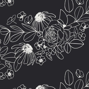 Boho Wildflower Diagonal Line Art | Jumbo Scale | Classic black, creamy white | black and white florals