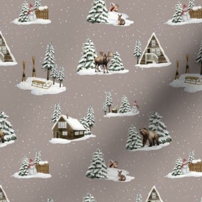 Rustic Cabin coved in snow with moose, bears, bunnies, squirrels, and snowmen.  Taupe 