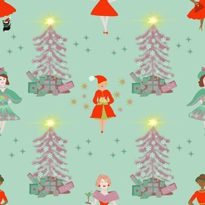 Mod women Christmas. Mid Century retro. Pink Christmas trees. 50s style. Lg scale