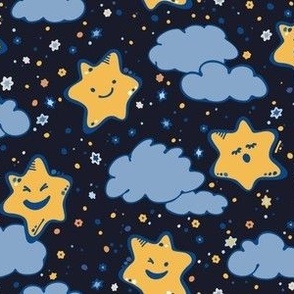 S | Sleepy Stars in Cheeky Kawaii Kid Style in a Dark Blue Night Sky with Light Blue Clouds