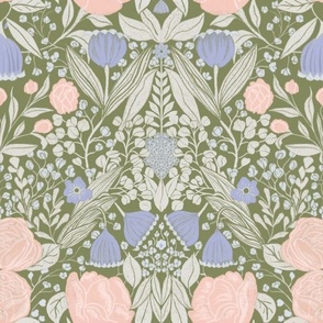 Fairy Rose Garden Historical Traditional Pattern in Sage Green