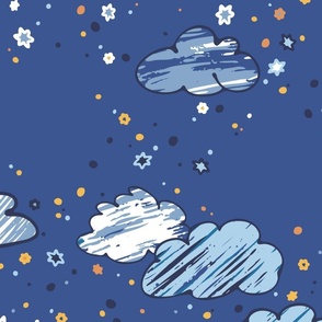 L | Textured Blue and White Clouds in a Cobalt Blue Night Sky Boys Nursery Coordinate Blender