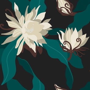 (large) Night blooming jasmine floral flower leaf night queen dark black green white