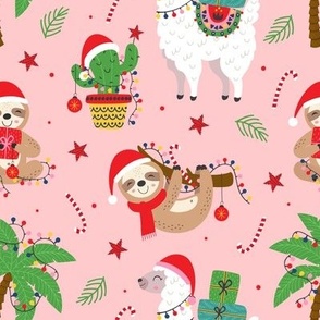 Christmas llama, sloth and cactus on a pink background