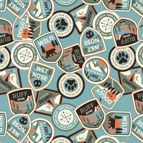 Dog adventures - springtime camping stickers and mountain badges with wet noses muddy paws and summer nature vintage blue green orange on moody blue 