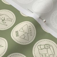 Wild life and dog trails - summer camp mountains and pine trees dogs merit badge and patches theme ivory on matcha green 