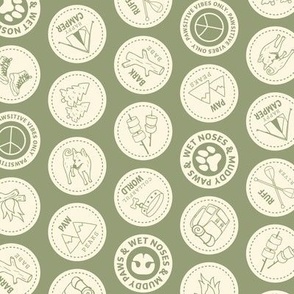 Wild life and dog trails - summer camp mountains and pine trees dogs merit badge and patches theme ivory on matcha green 