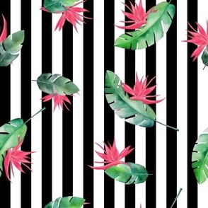 Ticket to the tropic_ banana tropical exotic leaves with fuxia tropical flower on black and white vertical stripes stripes