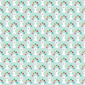 Happy ghosts juggling with flowers on seafoam green | small