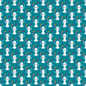 Happy ghosts juggling with flowers on cyan blue | small