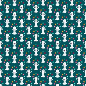 Happy ghosts juggling with flowers on petrol blue | small