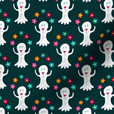 Happy ghosts juggling with flowers on deep teal | small