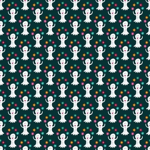 Happy ghosts juggling with flowers on deep teal | small
