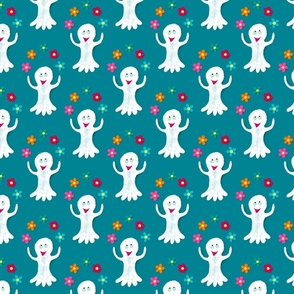Happy ghosts juggling with flowers on cyan blue | medium