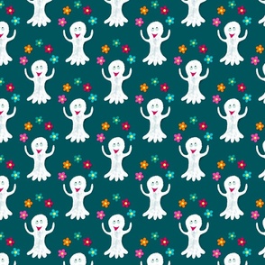 Happy ghosts juggling with flowers on petrol blue  | medium