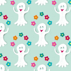 Happy ghosts juggling with flowers on seafoam green | large