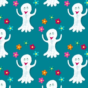 Happy ghosts juggling with flowers on cyan blue | large