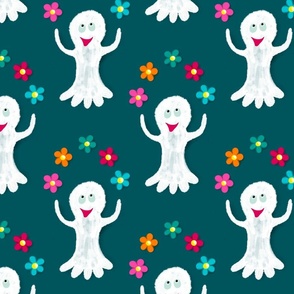Happy ghosts juggling with flowers on petrol blue | large