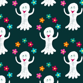 Happy ghosts juggling with flowers on deep teal | large