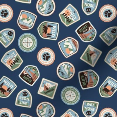 Dog adventures - tossed vintage springtime camping stickers and mountain badges with wet noses muddy paws and summer camp nature patches blue green orange on navy blue