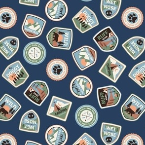 Dog adventures - tossed vintage springtime camping stickers and mountain badges with wet noses muddy paws and summer camp nature patches blue green orange on navy blue