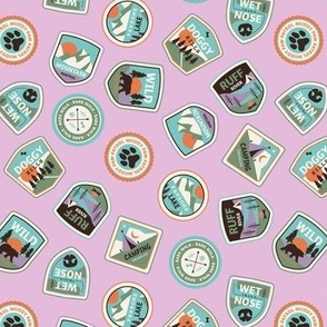 Dog adventures - tossed vintage springtime camping stickers and mountain badges with wet noses muddy paws and summer camp nature patches blue green orange on fuchsia pink