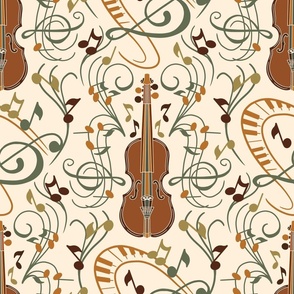 Violin, pentagram and music notes in warm boho tones BIG size 