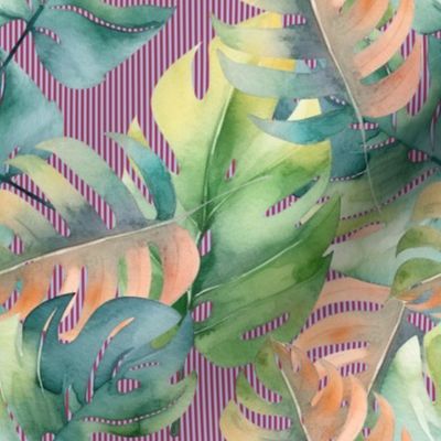 Ticket to the tropic watercolor green salmon tropical leaves on purple vertical dense stripes