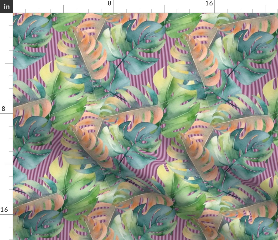 Ticket to the tropic watercolor green salmon tropical leaves on purple vertical dense stripes