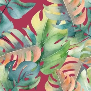 Ticket to the tropic 02_watercolor leaves on bordeaux burgundy background