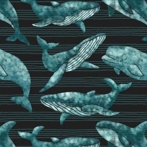Textured Teal Whales | Dark striped background
