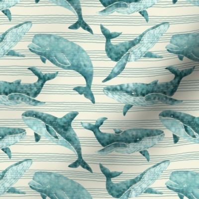 Textured Teal Whales | Light striped background
