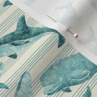 Textured Teal Whales | Light striped background